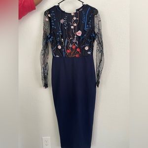 SHEIN Clasi Belted Floral Embroidery Sheer Mesh Sleeve Dress